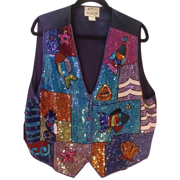Vintage Quacker Factory Sequin Vest 1X  Nautical Fish Theme Art to Wear Novelty - Picture 1 of 9